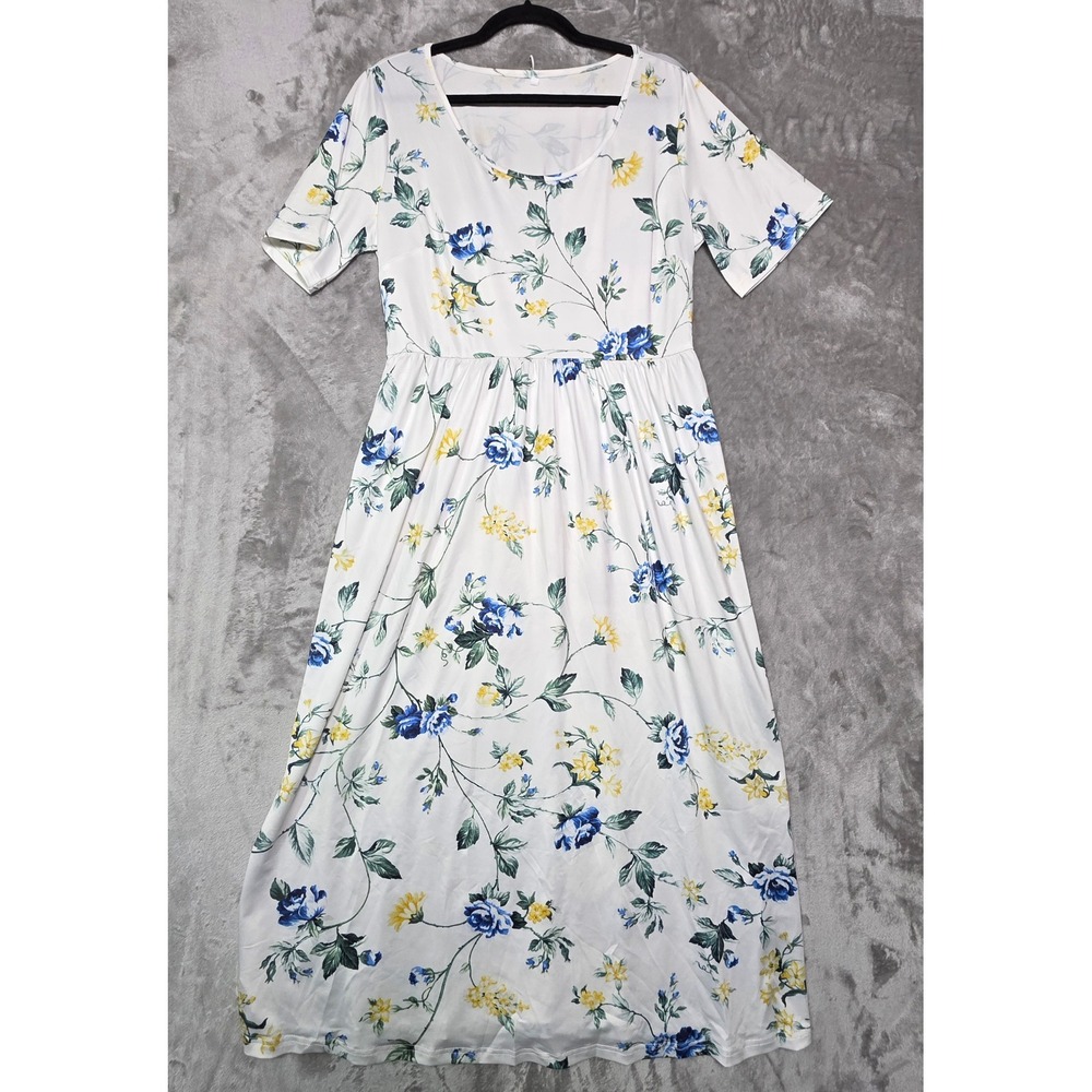 Womens White Floral Short Sleeve Empire Waist Maxi Dress Large Blue Yellow